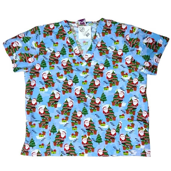 Devine Curves Scrub Christmas Top Women V Neck Short Sleeve Santa Blue Plus 3X - Picture 15 of 15